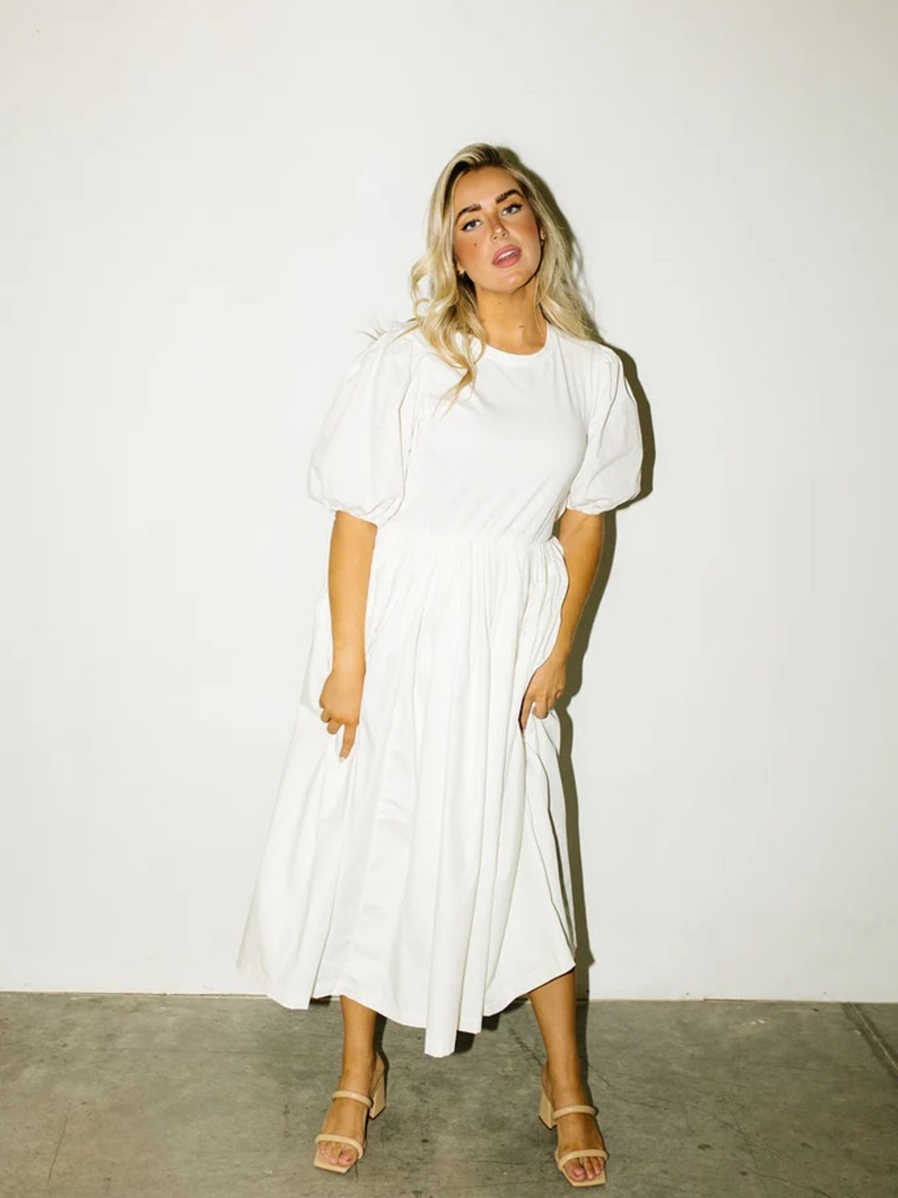 White Puff-Sleeve Midi Dress with Beige Knit Bodice - Picture 3 of 16